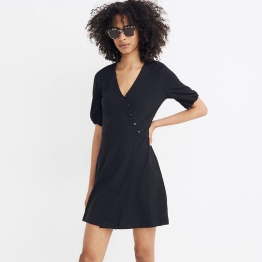 Madewell Cross Front Button Black Short Sleeve V-neck Dress Faux Wrap Sz Small